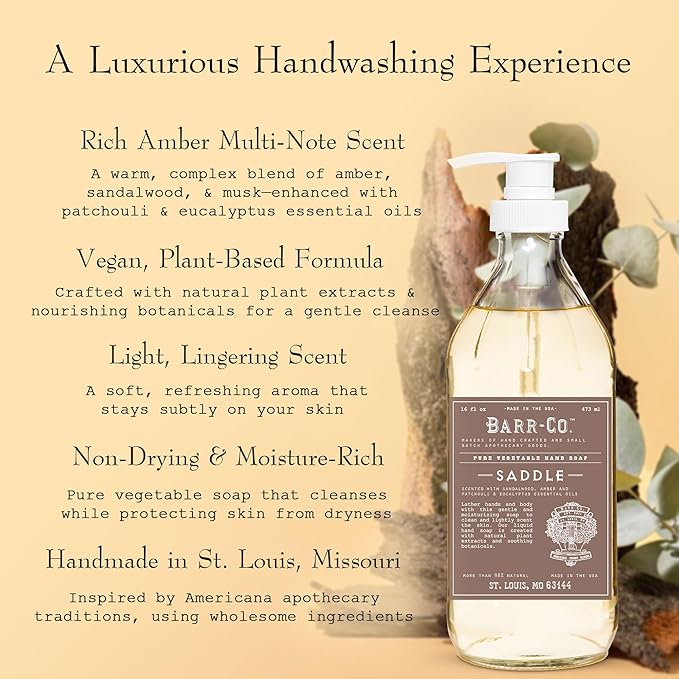 BARR-CO. Saddle Hand Soap – Natural Liquid Soap for Bathroom & Kitchen, Vegan, Moisturizing Formula, Amber, Sandalwood & Musk Scent 16 fl oz