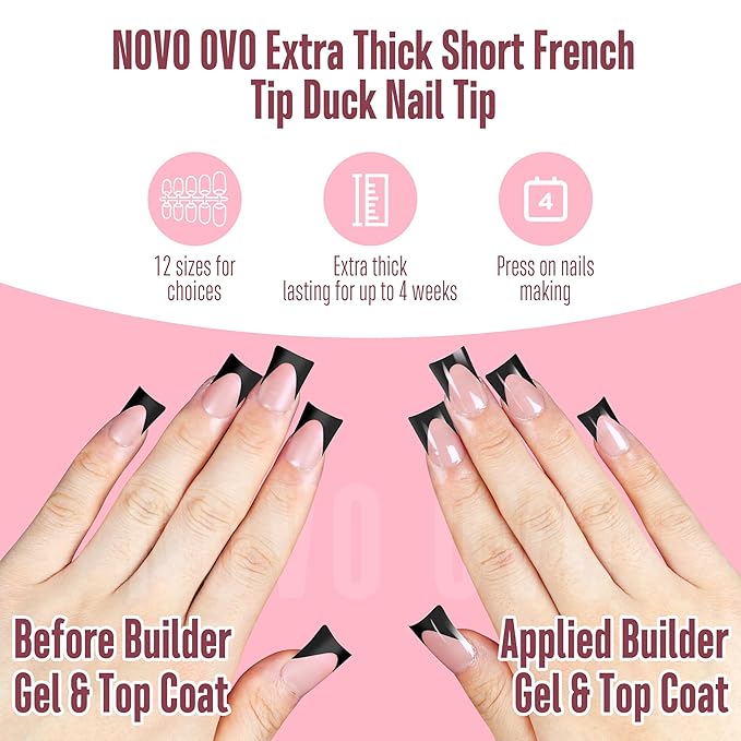 Black French Tip Short Duck Nail Tips Press on, BABY PINK Pre-designed Soft Gel Nail Extension, Extra thick Full Cover Matte Vrial False Nails for DIY x 12 Sizes 240 pcs