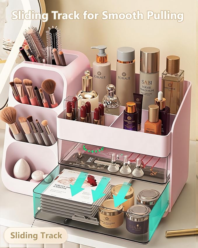 Makeup Organizer with Drawers, Skincare Organizer (Large Size Thick), Storage Box Cosmetic Display Cases, Make up Organizers for Vanity, Dresser, Desk, Kitchen, Countertop (Pink)