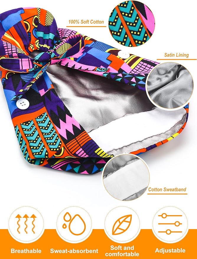 6 Pcs Satin Lined Scrub Caps Women Nurse Surgical Hat with Buttons Ponytail Working Adjustable Pouch Tie Back