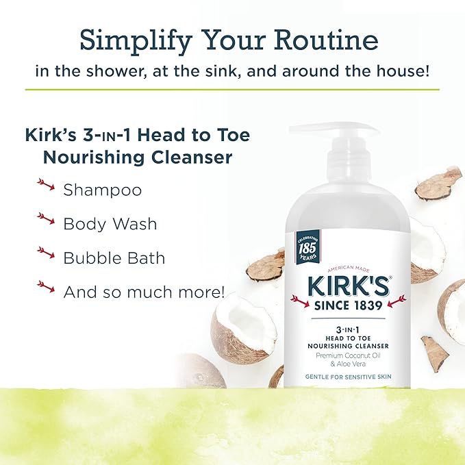 Kirk's 3-in-1 Head to Toe Nourishing Liquid Cleanser- for Men, Women & Children - Premium Coconut Oil & Aloe Vera- Non GMO & Vegan -Juniper & Lime - 32 Fl Oz
