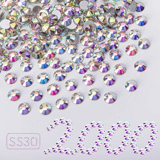 2000PCS Crystal AB Rhinestones Bulk, Flat Back Crystal Glass Stone Round Gems,SS30, 6.4-6.6mm
