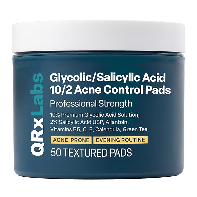 QRxLabs Glycolic + Salicylic Acid Acne Control Pads with 10% Ultra Pure Glycolic & 2% Salicylic, Allantoin, Vitamin B5, C & E, Calendula & Green Tea - Acne Treatment for Clear Skin