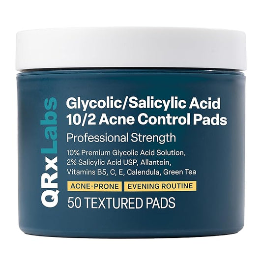QRxLabs Glycolic + Salicylic Acid Acne Control Pads with 10% Ultra Pure Glycolic & 2% Salicylic, Allantoin, Vitamin B5, C & E, Calendula & Green Tea - Acne Treatment for Clear Skin
