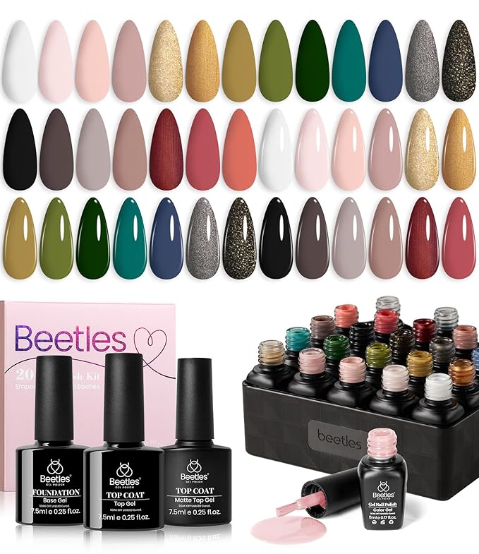 Beetles 23Pcs Spring Gel Nail Polish Kit with Base Gel Top Coat, Pink Nude Grey Green White Black Glitters Gel Polish Set Soak off UV Led Gel Nail Art New Year Gift for Girls Women Lucky Tarot