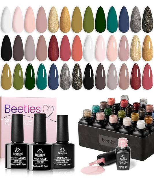 Beetles 23Pcs Spring Gel Nail Polish Kit with Base Gel Top Coat, Pink Nude Grey Green White Black Glitters Gel Polish Set Soak off UV Led Gel Nail Art New Year Gift for Girls Women Lucky Tarot