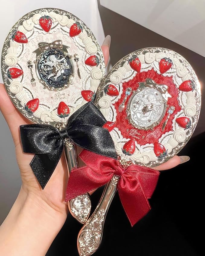 Flower Knows Strawberry Cupid Hand Mirror,Portable Vintage Handheld Mirror,Durable Metal Mirror,Cute & Aesthetic Princess Mirror,with Long Handle for Easy Holding,Gift for Girls(Milky Shake)