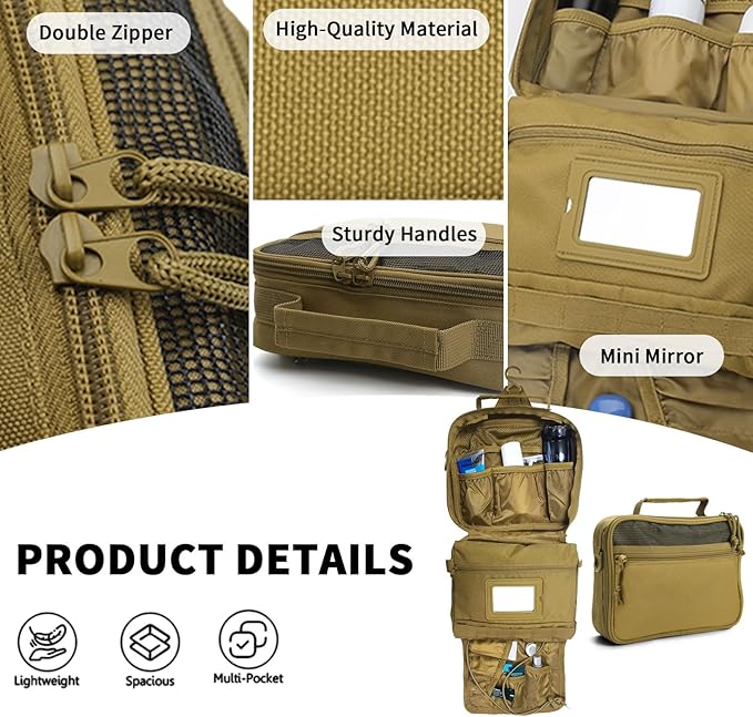 VELVEBAG Mens Toiletry Travel Bag Hanging Toiletry Bag for Toiletry Bag Shaving Bag for Men Travel for Cosmetic,Toiletries,Accessories Khaki