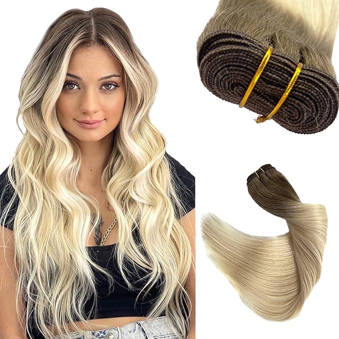Ubetta Sew in Hair Extensions Real Human Hair, Ombre Brown to Blonde Weft Hair Extensions Human Hair Extensions 20"" 100G Hand Tied Weft Hair Extensions Real Human Hair Weave Bundles for Women