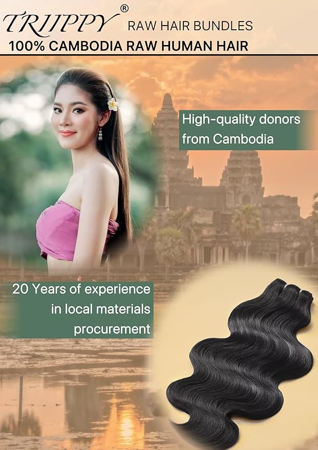 TRIIPPY Raw Cambodian Human Hair Single Bundles,Body Wave Bundles Human Hair,Triple Lifespan Than Regular Virgin Hair,The Same Quality As Boutique Stores,No.1 Raw Hair Brand On Amazon(16 Inch)