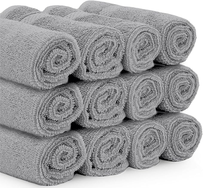 White Classic Light Grey Luxury Cotton Washcloths 12 Pc Set - Large 13x13 Inches Hotel Style Face Towel, High Absorbent Quick Dry Wash Cloths for Home, Spa, Gym, Light Grey, 12 Pack