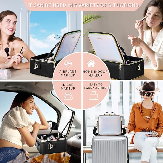 Travel Makeup Bag with Light Up Mirror, Cosmetic Artist Organizer Case with LED Mirror, Travel Makeup Case for Cosmetic Brush Holder Storage, Toiletry Case for Women Gift
