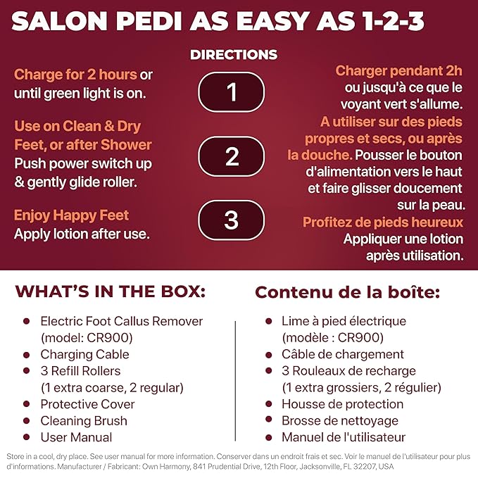 Rechargeable Callus Remover for Feet: Professional Electric Feet Sander for Women by Own Harmony - Electronic Foot File CR900 with 3 Rollers, Foot Grinder Pedi Care for Cracked Heels & Dry, Hard Skin