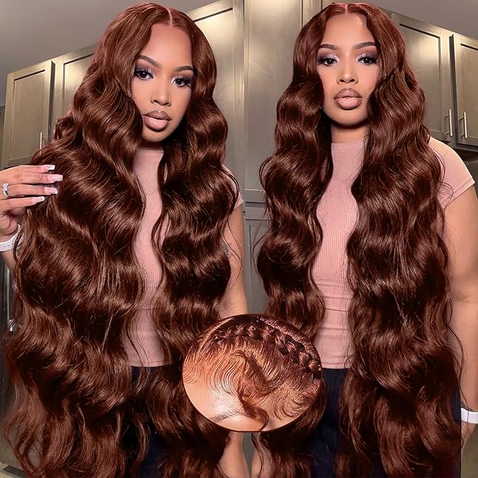 34 Inch Reddish Brown Lace Front Wigs Human Hair Auburn Body Wave Wig 13x6 Hd Lace Frontal Wig Human Hair Pre Plucked with Baby Hair 180% Density Brown Wear and Go Glueless Wigs for Black Women