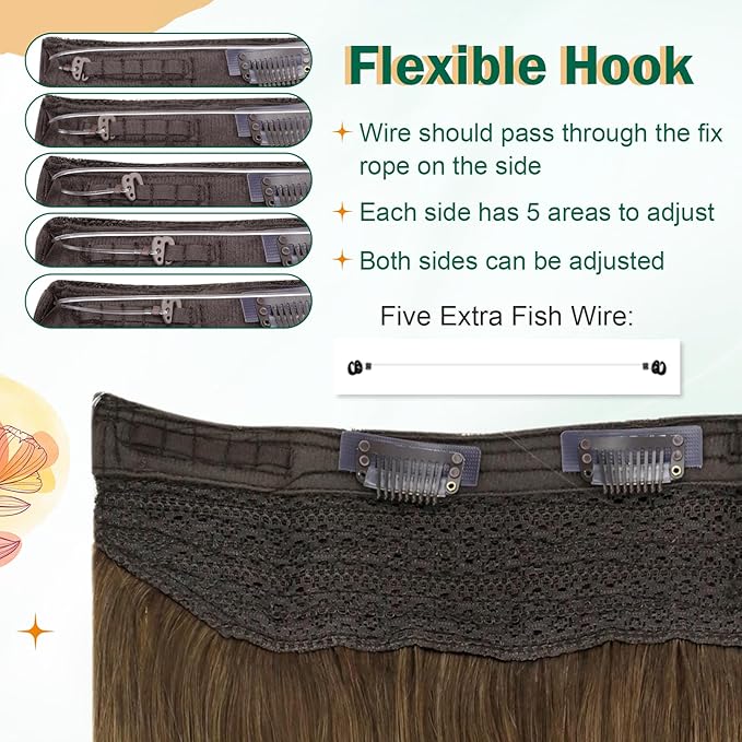 Easyouth Wire Human Hair Extensions Balayage Invisible Wire Extensions Real Human Hair Dark Brown Ombre Light Brown with Blonde Real Hair Wire Extension with Clips for Thinning Hair 18Inch 80G