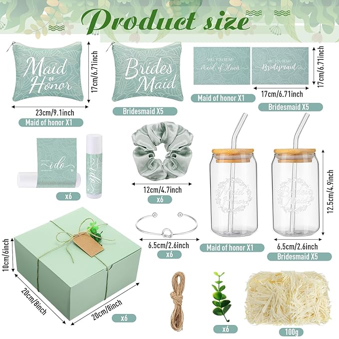 54 Pcs Bridesmaid Proposal Gifts Bridesmaid Box Set Include Bridal Shower Gift Box Makeup Bag Invited Card Glass Cup Lip Balm Scrunchie Hair Knotted Bracelet for Maid of Honor(Green)
