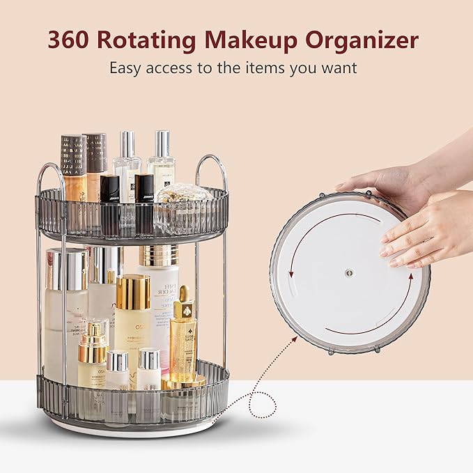 360° Rotating Makeup Organizer, Bathroom Make Up Spinning Holder Rack, Large Capacity Cosmetics Storage Vanity Shelf Countertop, Fits Cosmetics, Perfume, Skincare, Lipsticks(2 Tiers, Gray)