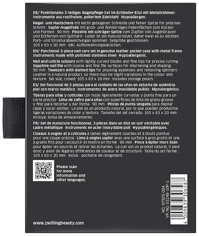ZWILLING manicure set pedicure kit, nail care complete set, cowhide, crocodile edition with combination nail scissors, 3 pieces, black