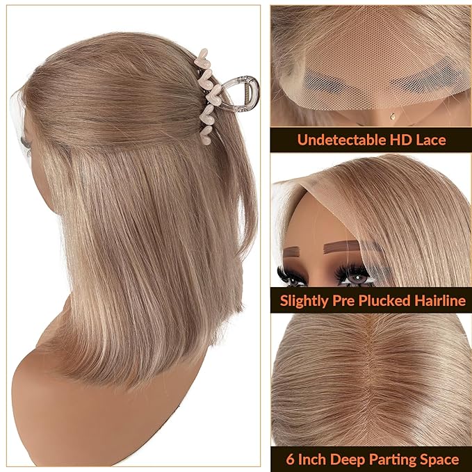 Ash Blonde Bob Human Hair Lace Front Wig Pre Plucked 13x6 Wear and Go HD Transparent Short Straight Blunt Cut Bob Ash Blonde Lace Front Wigs for Black Women 180% Density 10 Inch with Thick Ends