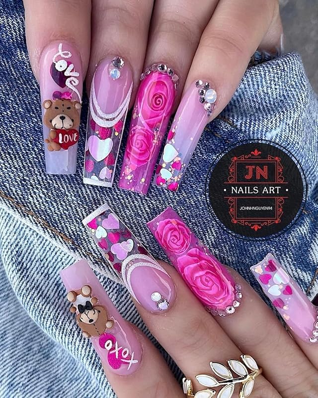 3D Acrylic Valentine Bear Character Nail Art Charms Handmade by Acrylic Powder - 24pcs Flowers Nail Rhinestones Kit 3D Crystal Nail Pearls Design Acrylic Nail Art for Women (Valentine)