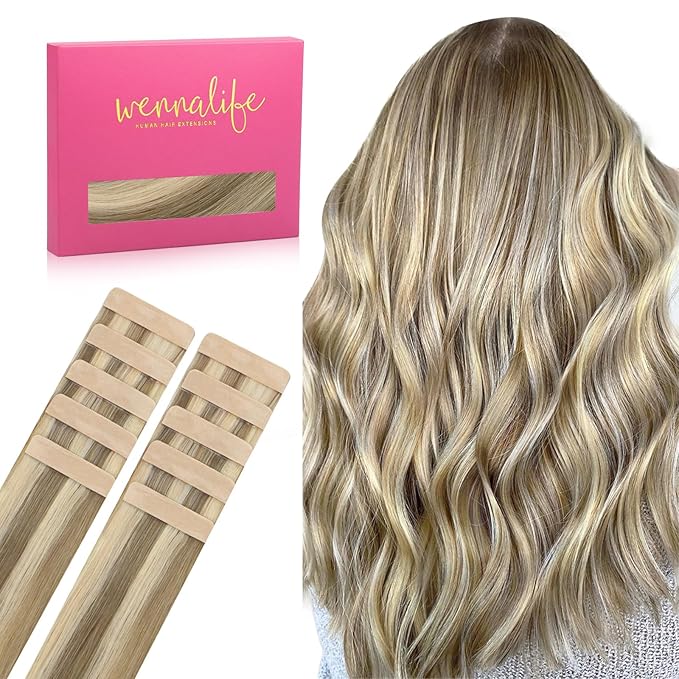 WENNALIFE Tape in Hair Extensions Human Hair - Ash Brown Highlighted Golden Blonde, 10pcs 25g 16 Inch Remy Invisible Straight Colored Soft Extensions Refill Set