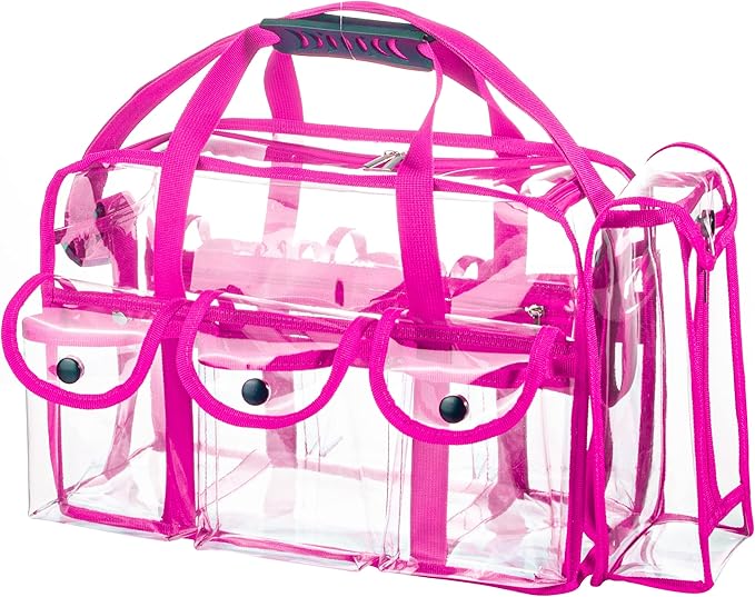 Wide Opening Large Professional Clear PVC Travel Makeup Artist Set Cosmetic Nails Beauty Bag Transparent Vinyl Tool Organizer Work Beach Diaper With 6 External Pockets & Strap (Pink)