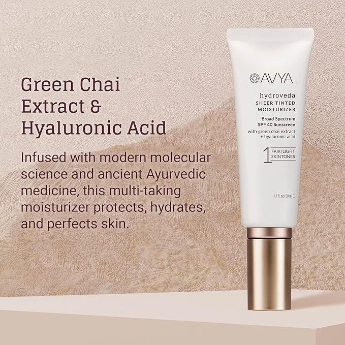 AVYA SPF 40 Sheer Tinted Moisturizer with Hyaluronic Acid & Green Chai – Advanced Ayurvedic Skincare Treatment for Balanced and Brighter Skin/Fair & Light Skintones Shade #1 (1.7oz/50ml)