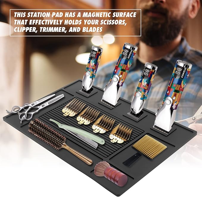 MoyRetty Magnetic Barber Organizer Mat for Clippers(17.7'' x 11.8''), Professional Anti-Slip Heat-Resistant Silicone Pad for Hair Stylist Supplies- 4 Magnets