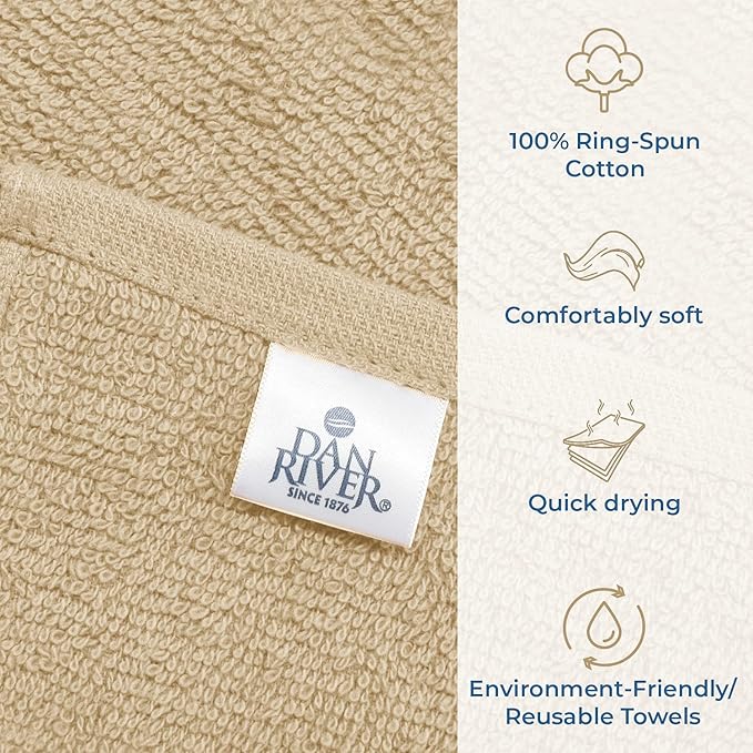 DAN RIVER 100% Cotton Washcloths 24 Pack Premium Quality Face and Body Cloth, Quick Dry Essential Towels for Bathroom, Hand, Kitchen & Cleaning, Baby Washcloths | 12X12 in | 400 GSM | Tan