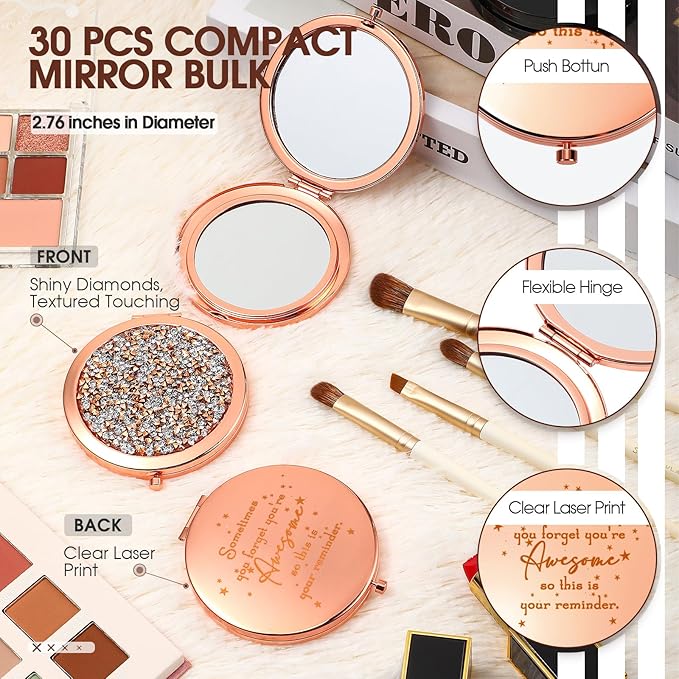 Roowest 30 Pcs Inspirational Compact Mirror Sometimes You Forget You're Awesome Appreciation Gifts for Women Mother's Day Party Favors Magnifying Pocket Mirror (Rose Gold)