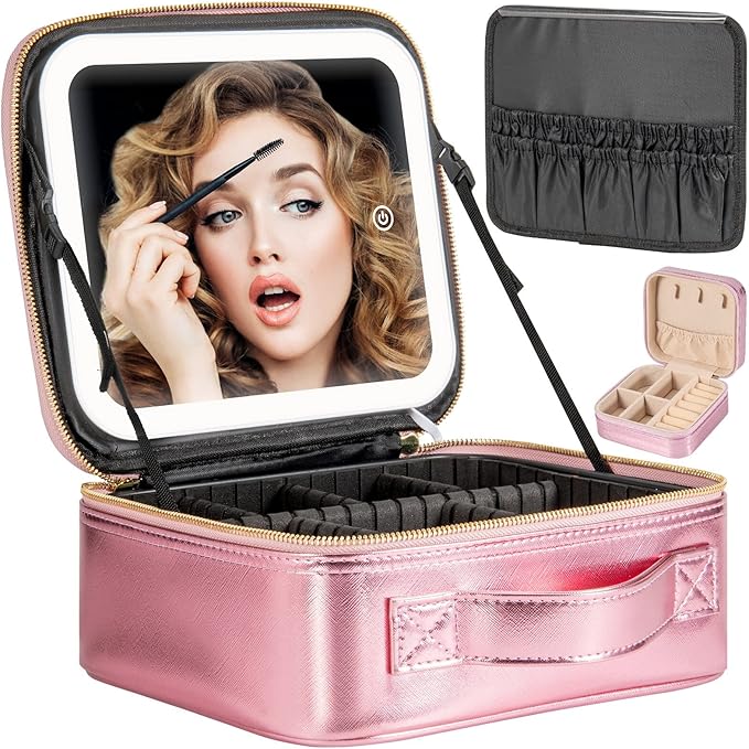 Makeup Travel Train Case with Mirror LED Light 3 Adjustable Brightness Cosmetic Bag Portable Storage Adjustable Partition Waterproof Makeup Brushes Makeup Jewelry Gift for Women