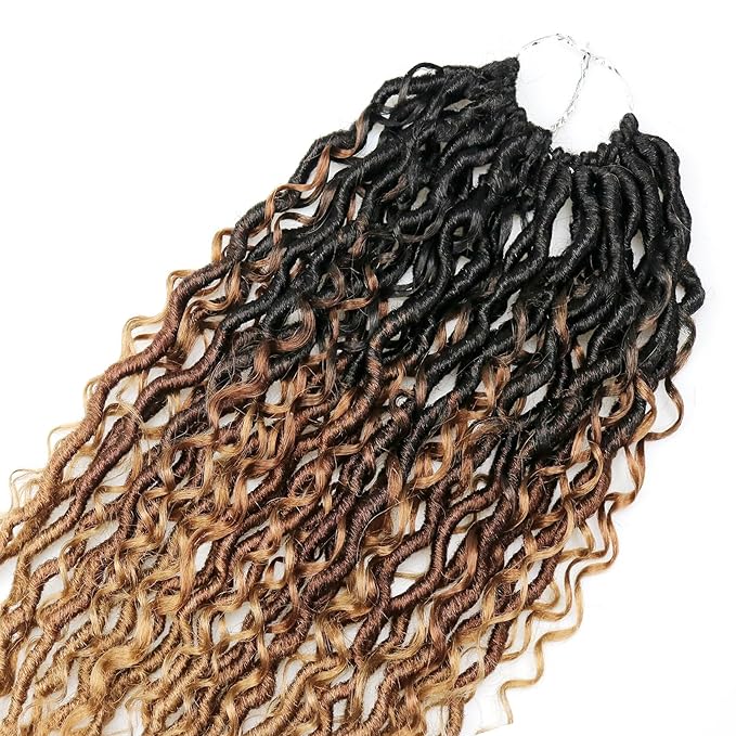 Aipin Goddess Locs Crochet Hair 18 Inch Boho River Locs Hippie Locs Wavy Crochet With Curly Hair In Middle And Ends Braids Hair Extensions (7Packs,18 inch, 3T1B/30/27)
