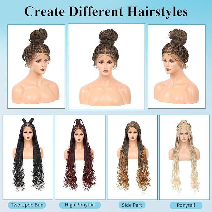 360° HD Full Lace Knotless Braided Wigs for Women Box Braid Wig with Curly End Braided Lace Front Wigs Hair Human Hair Blended Braid Wig with Baby Hair Light Brown 36Inch