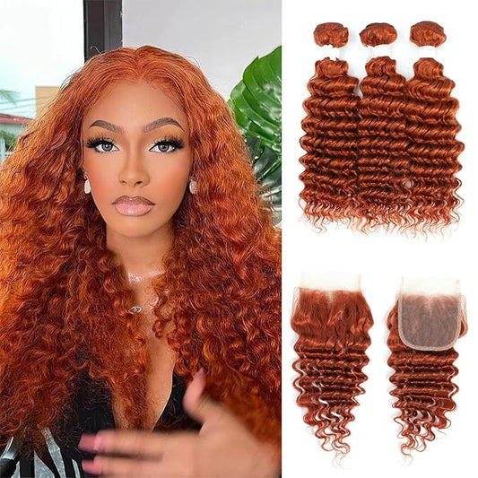 REMY HAIR FASHION Human Hair Deep Wave Bundles with Closure #350 Ginger Human Hair Bundles 14 16 18 Inch with Closure 14 Inch Burnt Orange Deep Curly Human Hair Bundles with Closure