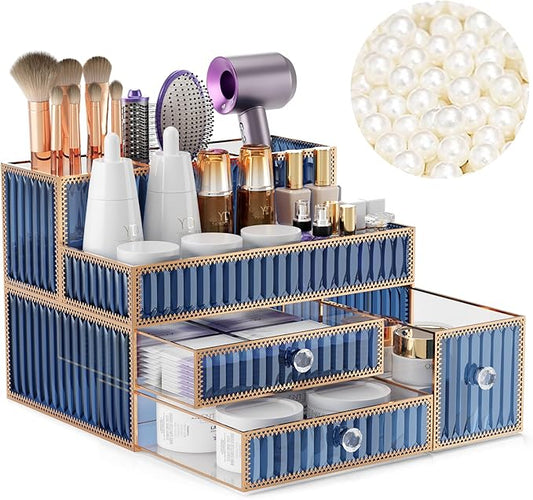 Makeup Organizer Blue - Tempered Glass Vanity Organizer for Cosmetics, Skincare, Hair Tools, Brushes, Perfume - Multipurpose Bathroom Counter Skincare Organizer