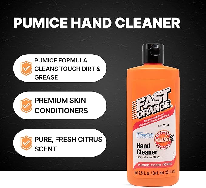 Fast Orange 25108 Pumice Lotion, Heavy Duty Hand Cleaner, Natural Citrus Scent, Waterless Cleaner For Mechanics, Strong Grease Fighter, 7.5 oz
