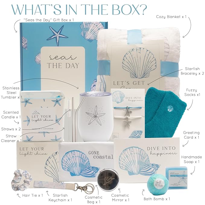 Self Care Gifts for Women. 15pc Gift Box Filled with Ocean Themed Beach Lover Gifts for Her. Thinking of You, Surgery Wellness Kit, Get Well Soon Basket, Birthday Package for Woman