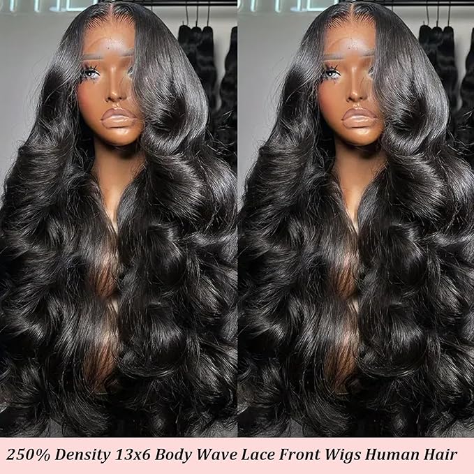 250 Density HD Lace Front Wigs Human Hair 13x6 Body Wave Pre Plucked Wig 28 inch Black