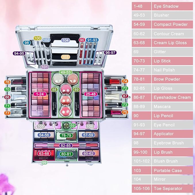 Pure Vie All-in-One Holiday Gift Makeup Set Cosmetic Essential Starter Bundle Include Eyeshadow Palette Lipstick Concealer Blush Mascara Eyeliner Face Powder Lipgloss Brush - Makeup Full Kit for Women