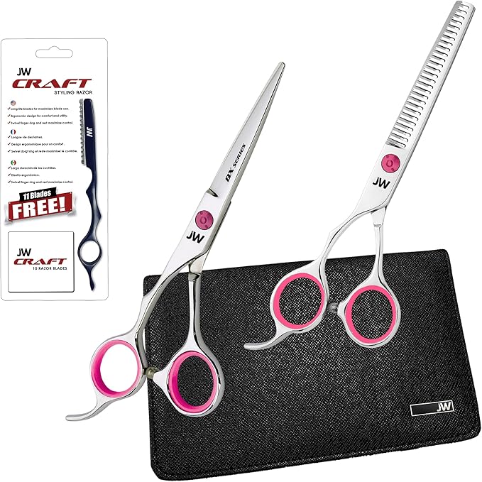 JW Shears Professional Hairdressing Shear, Thinner, Razor and Case Set (5.75" Lefty Silver/Pink)
