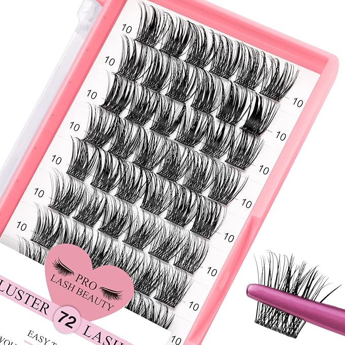 Cluster Lashes 72 Pcs Lash Clusters DIY Eyelash Extension Individual Lashes D-10mm Thin Band Easy to Apply at home Lashes (First Glance, D-10mm)