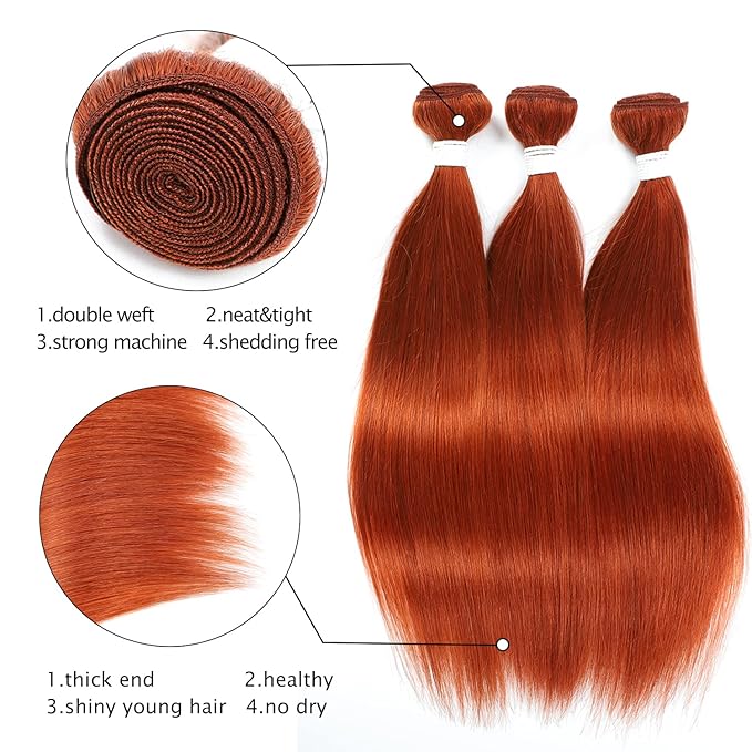 REMY Hair Dark Orange Color Hair Bundle Colored Straight Professional Weave Hair Extension 100% Human Hair Bundles (12inch 95g)