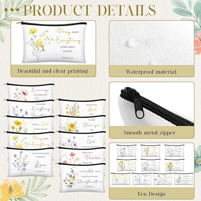 Jetec 30 Pcs Christian Gift for Women Religious Mother's Day Gifts Cosmetic Bags Inspirational Bible Verse Pencil Pouch Makeup Bags with Zipper for Travel Women Mother Sister(Flower Style)