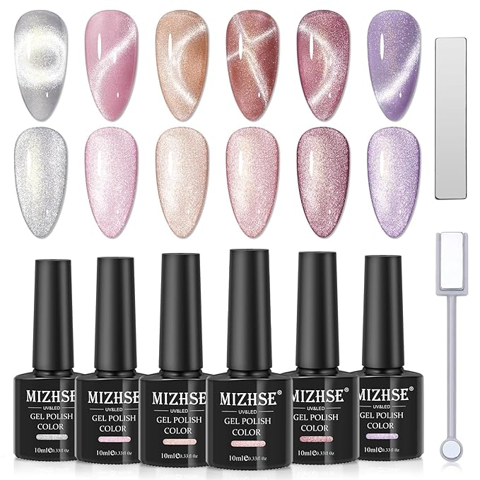 MIZHSE Cat Eye Gel Polish Set, 3 in 1 Rubber Base Gel For Nails, 6 Colors 10ml Holographic Glitter Cat Eye Gel with 2 Magnets, No Need Base Coat Fast Cure Soak Off LED Nail Gel