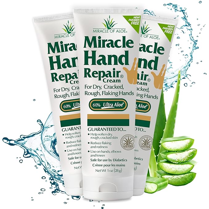 Miracle of Aloe Miracle Hand Repair Cream 1 oz Healing Aloe Vera Lotion for Dry, Cracked Hands with 60% Ultra Aloe Gel - Moisturizes, Softens, and Repairs - Non-Greasy (3-Pack)