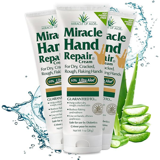 Miracle of Aloe Miracle Hand Repair Cream 1 oz Healing Aloe Vera Lotion for Dry, Cracked Hands with 60% Ultra Aloe Gel - Moisturizes, Softens, and Repairs - Non-Greasy (3-Pack)