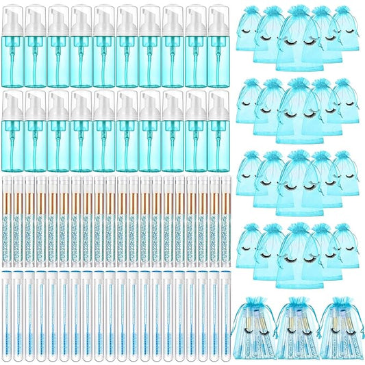 Zhehao 80 Pcs Lash Shampoo Bottle Brushes Kit 20 Foam Pump Dispensers 20 Lash Shampoo Brushes 20 Eyelash Aftercare Bag 20 Cleaning Pipes, Eyelash Extension Supplies(Blue)