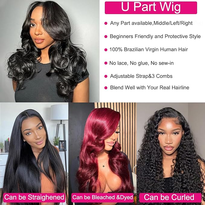 U Part Human Hair Wig Body Wave U Part Wig Human Hair for Black Women Glueless Wigs Human Hair Clip Upgrade Natural Hair Wig Beginner Friendly Middle Part 180% Density 22inch