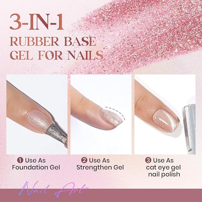 MIZHSE Cat Eye Gel Polish Set, 3 in 1 Rubber Base Gel For Nails, 6 Colors 10ml Holographic Glitter Cat Eye Gel with 2 Magnets, No Need Base Coat Fast Cure Soak Off LED Nail Gel