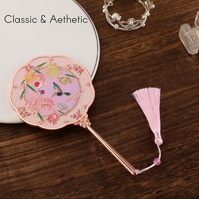 Hand Mirror, Handheld Mirror with Hummingbird Embossed Patterns, Metal Classic Makeup Mirror, Personal Cosmetic Mirror, Compact and Portable, Unique Gifts for Women(Rose Gold)